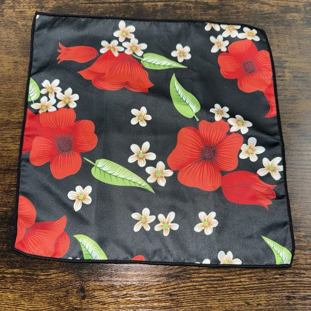 Hi-Tie Floral Tie & Pocket Square Set Black Red Flower Neck Tie Handkerchief Men